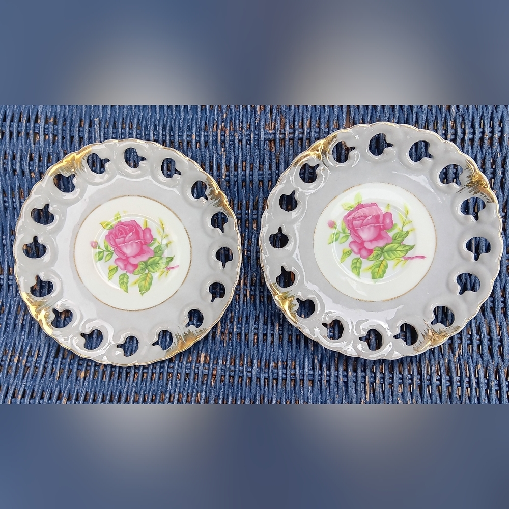 Nippon Yoko Boeki Co. Grey Gold Rose Reticulated Saucer Vintage 1960s